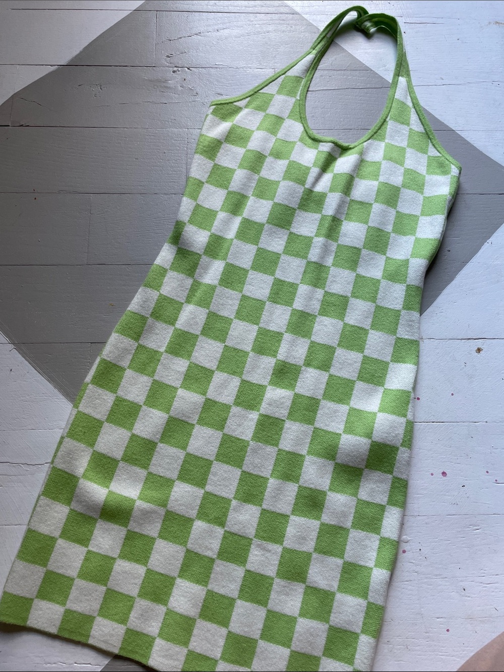Lime Green & White Checkerboard Halter Knit Top